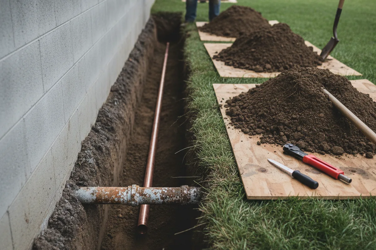 Excavated water line trench during Water Softener Installation in Stanford